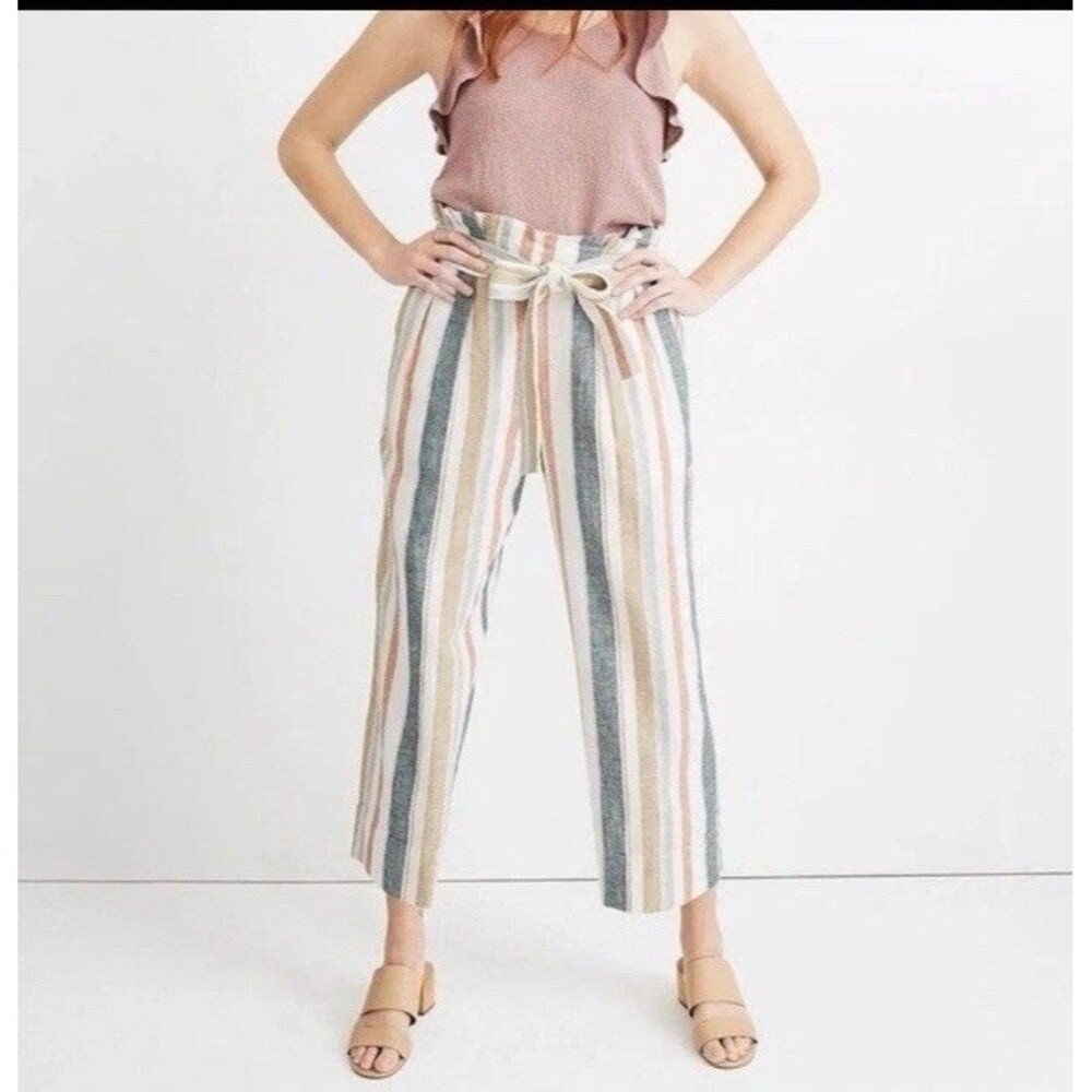 Madewell Huston Pull-On Crop Pants Women Size M Breezy Linen Striped Tie Waisted